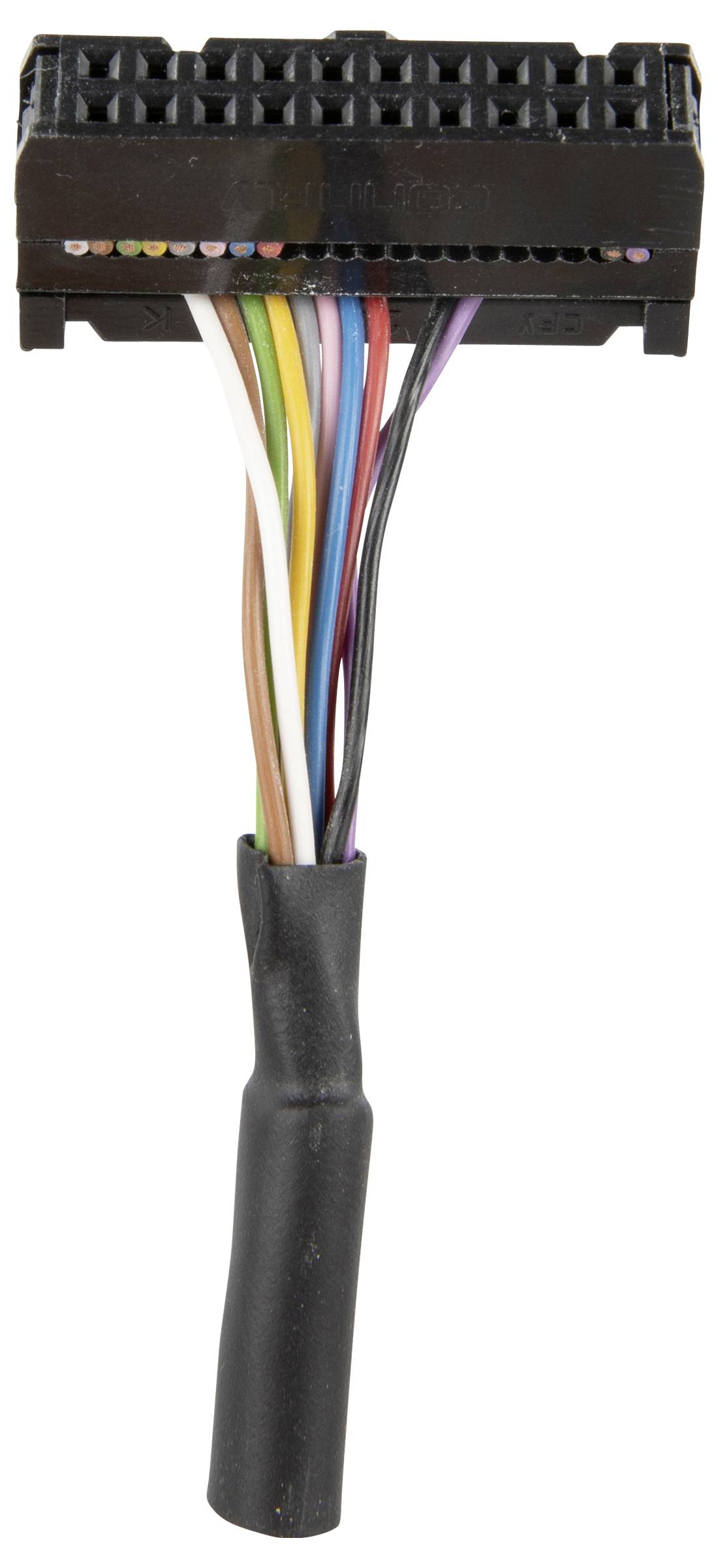 Un connecteur électrique noir avec plusieurs fils de couleur s'étendant vers le bas, utilisé pour connecter des composants électroniques.