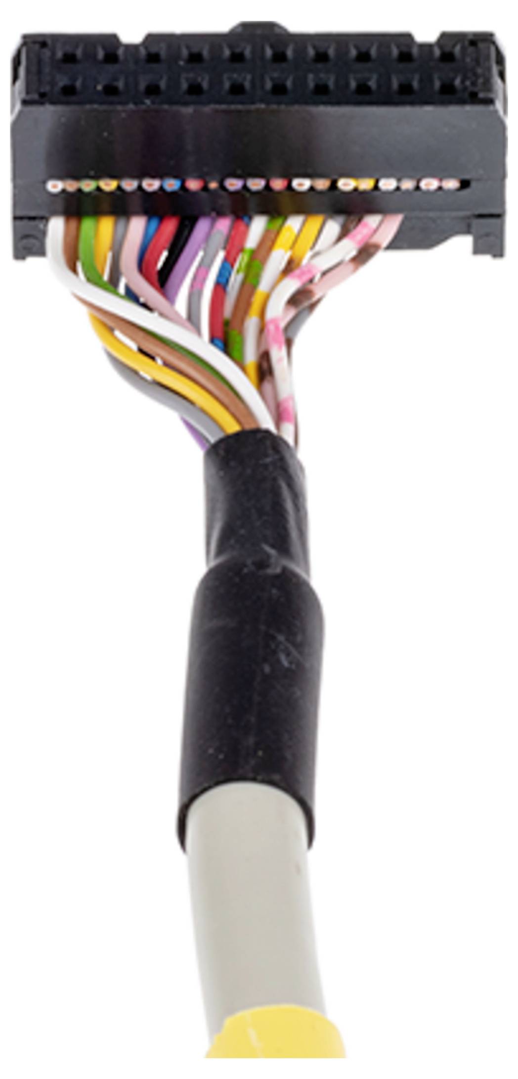 Un câble électrique multicolore avec des fils exposés mène vers un connecteur noir à l'extrémité, utilisé pour les connexions électroniques.