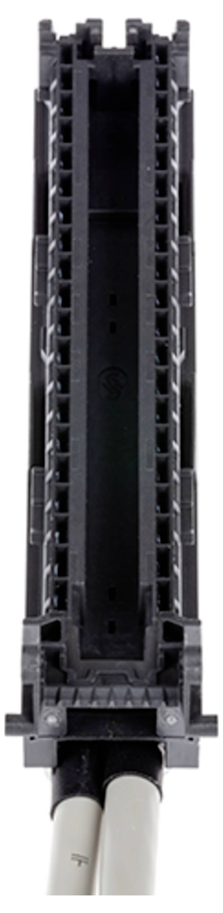 Un connecteur électrique noir de forme rectangulaire avec deux câbles blancs attachés à la base, utilisé pour connecter des composants électroniques.