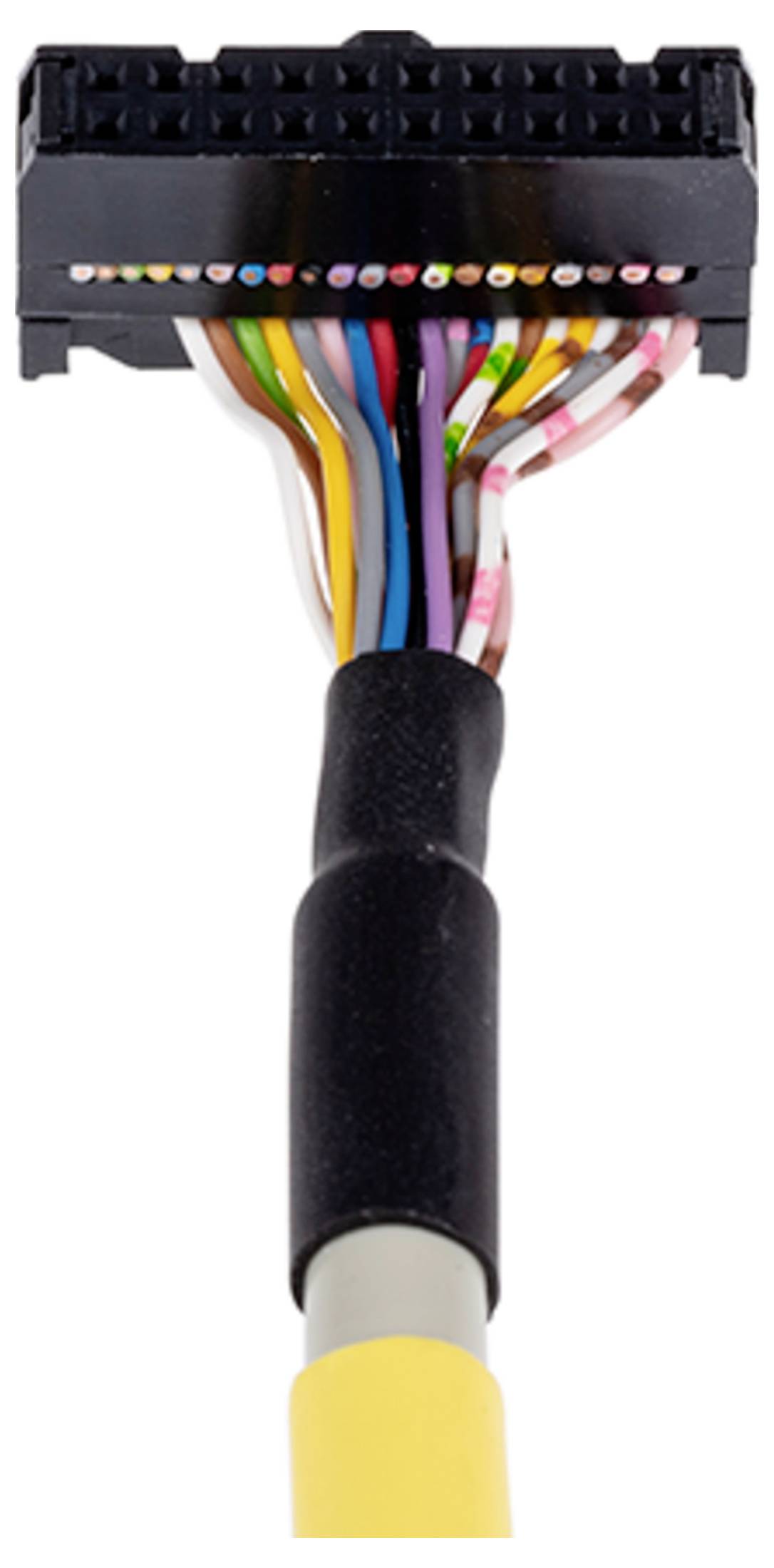 Un gros plan d'un faisceau de câbles multicolores, montrant un connecteur noir avec des fils de couleurs variées y entrant, utilisé dans les appareils électroniques.