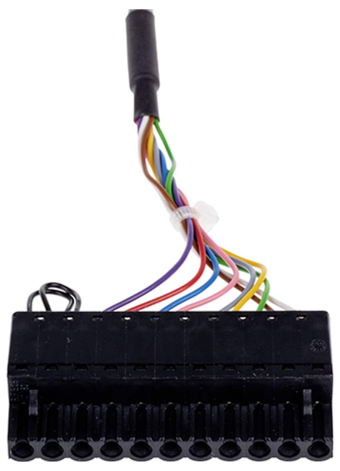 Un connecteur électrique noir avec plusieurs fils de couleur s'étendant à partir de celui-ci, notamment des fils verts, violets, orange, jaunes et rouges.