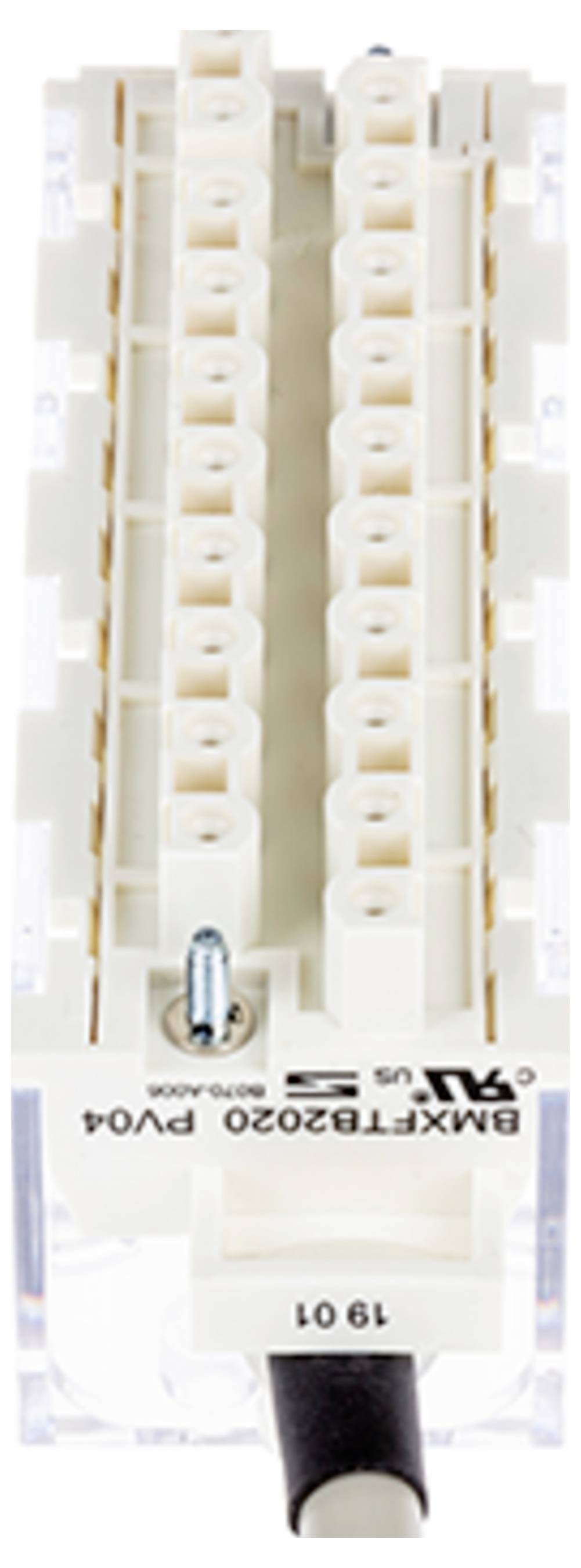 « Une vue rapprochée d'un bloc de bornes électriques blanc étiqueté 'BMZXTB3020', montrant les points de connexion et les segments étiquetés. »