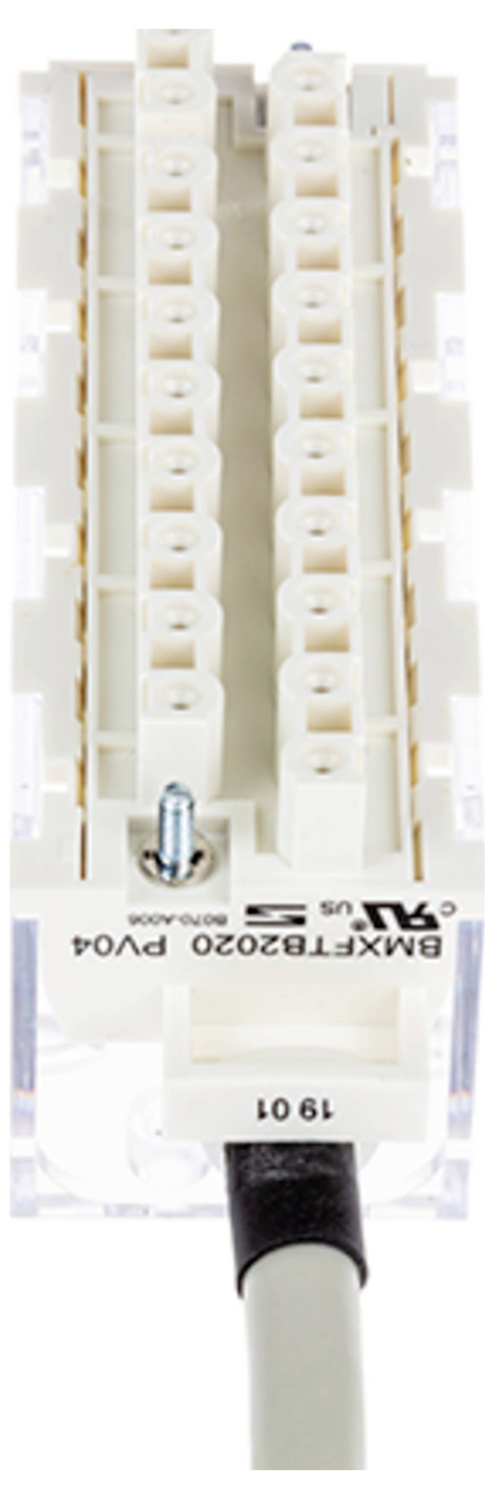 Un bloc de bornes électroniques blanc vertical avec plusieurs points de connexion, un câble connecté en bas, sur un fond blanc.