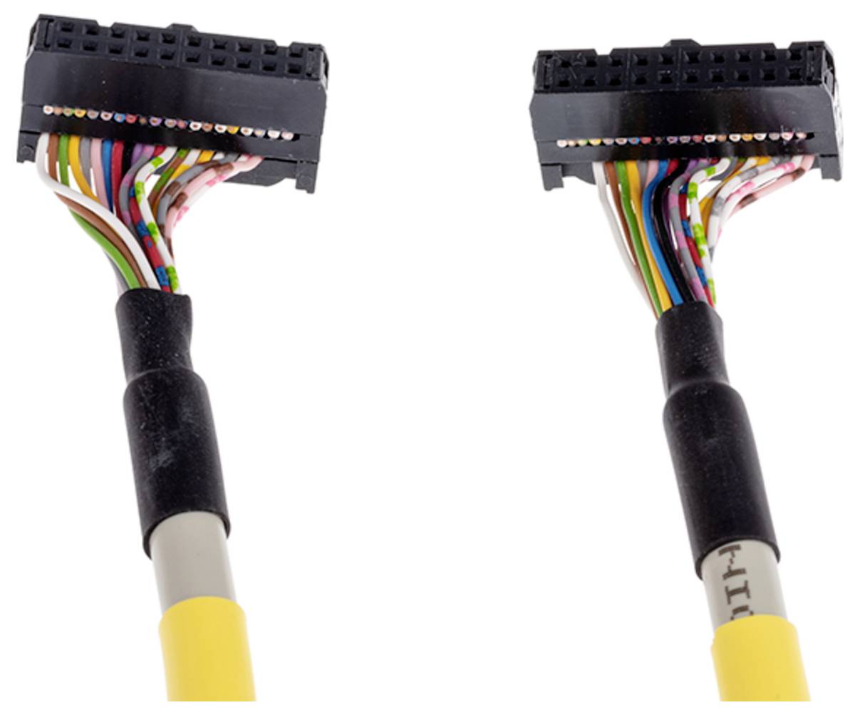 Deux connecteurs de câbles multicolores avec 26 broches chacun, présentant des fils regroupés dans une variété de couleurs, sont présentés sur un fond blanc.