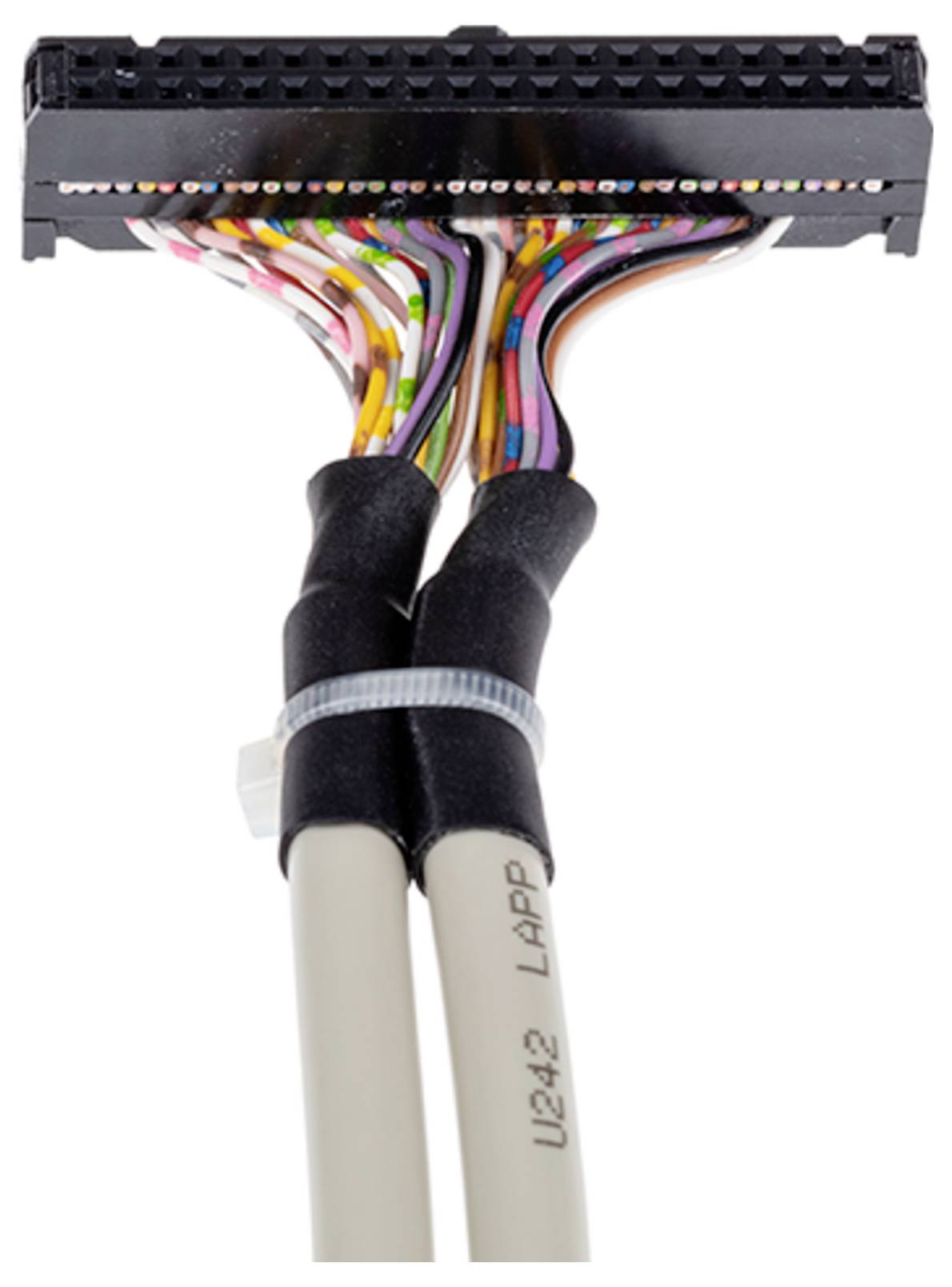 Un gros plan d'un câble ruban multicolore connecté à un connecteur noir. Le câble est étiqueté « LAPP U242 ».