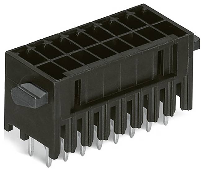 Un connecteur électronique rectangulaire noir avec plusieurs broches métalliques, utilisé pour l'interfaçage entre les cartes de circuits ou les appareils.