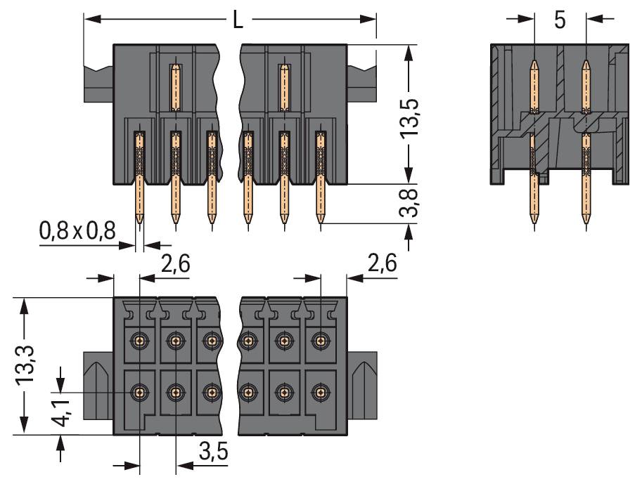 Diagramme technique d'un connecteur montrant les dimensions : longueur L, hauteur 13,5, avec l'espacement des broches. Les vues de côté et de dessus sont incluses pour plus de clarté.