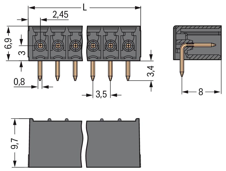 Dimensions du connecteur PCB : largeur 2,45, hauteur 6,9, profondeur 3,5. Espacement des broches 3,4 ; vue de côté profondeur 8, hauteur 3. Vue de face hauteur 9,7.