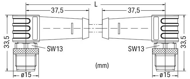 Dessin technique d'un coupleur avec une hauteur de 33,5, un diamètre de 15, 37,5 mm de chaque côté. Étiquettes : SW13, L, montrant les dimensions et les spécifications.