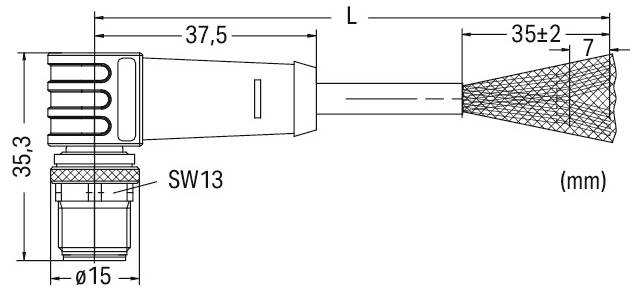 Dessin technique d'un connecteur, montrant les dimensions : longueur « L », et les mesures 37,5 mm, 35,3 mm, 15 mm et 35±2 mm. Marqué « SW13 ».