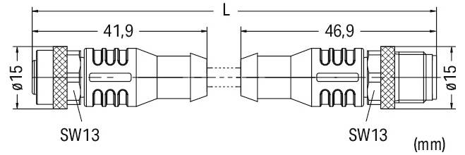Diagramme technique d'un connecteur à deux extrémités, chaque côté mesure 41,9 mm et 46,9 mm de longueur, avec un diamètre de 15 mm.