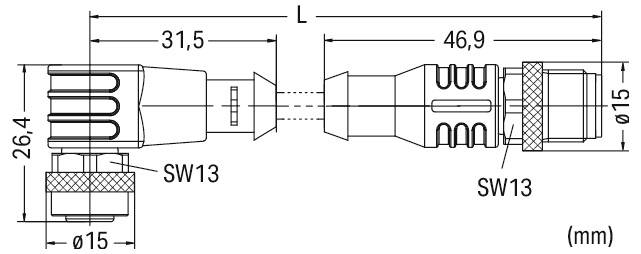 Dessin technique d'un composant cylindrique avec les dimensions : sections de longueur 31,5 mm et 46,9 mm, hauteur de 26,4 mm et diamètre de 15 mm.