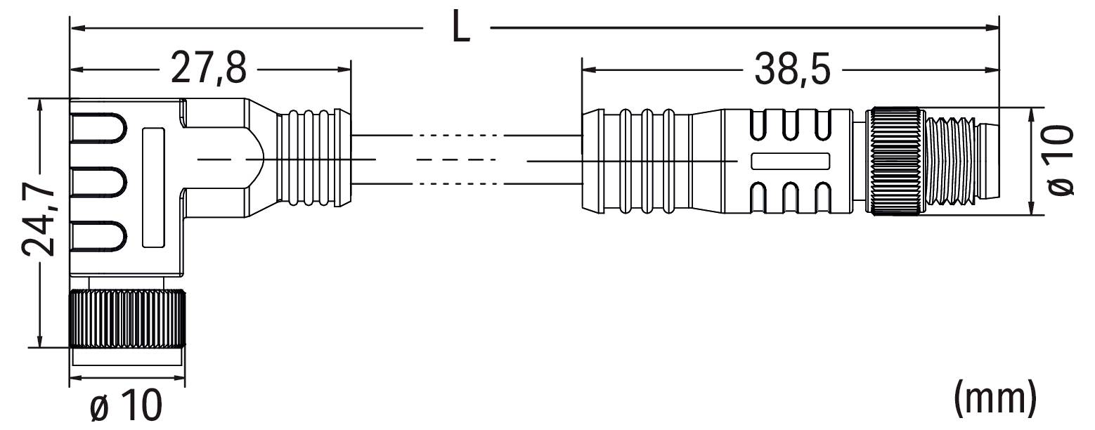 Dessin technique d'un connecteur à angle droit avec dimensions : 27,8 mm de largeur, 24,7 mm de hauteur, 38,5 mm de longueur et 10 mm de diamètre.