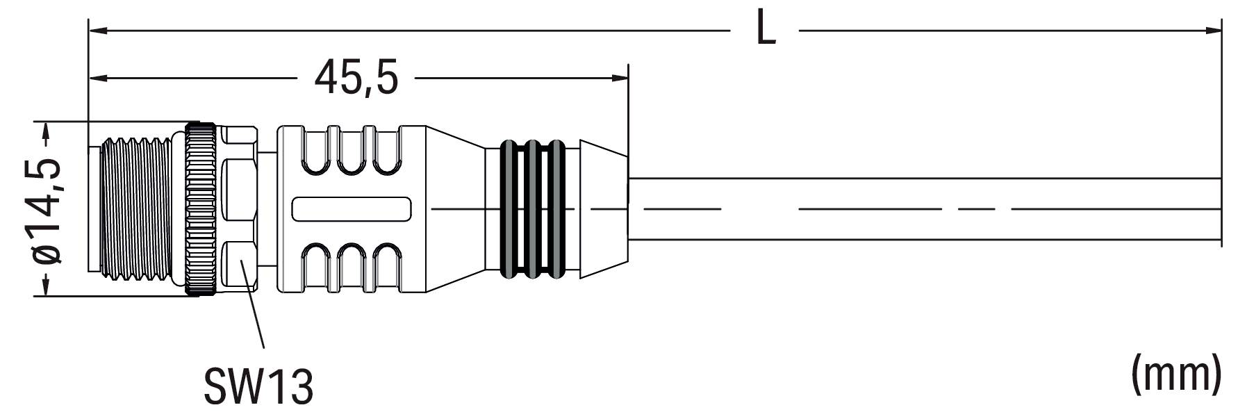 Schéma technique d'un composant cylindrique avec dimensions : longueur 45,5 mm, diamètre 14,5 mm, étiqueté SW13. Comprend une section filetée.
