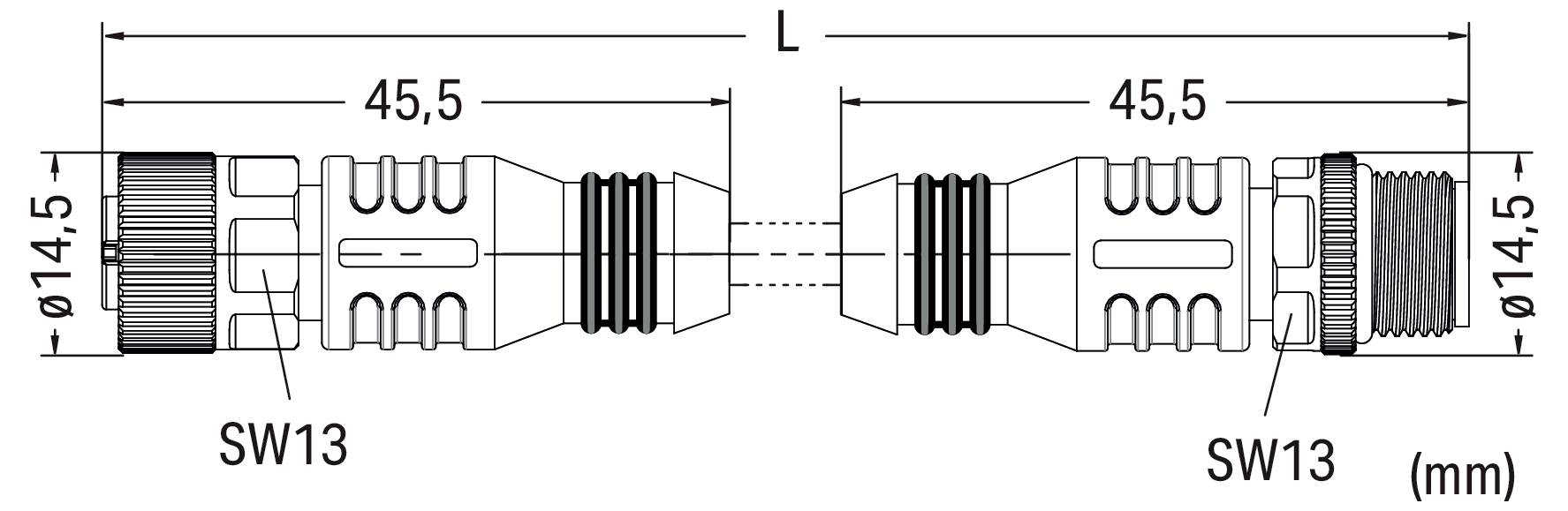 Schéma technique d'un connecteur cylindrique avec dimensions : longueur totale étiquetée comme L, chaque segment 45,5 mm de long, diamètre 14,5 mm.