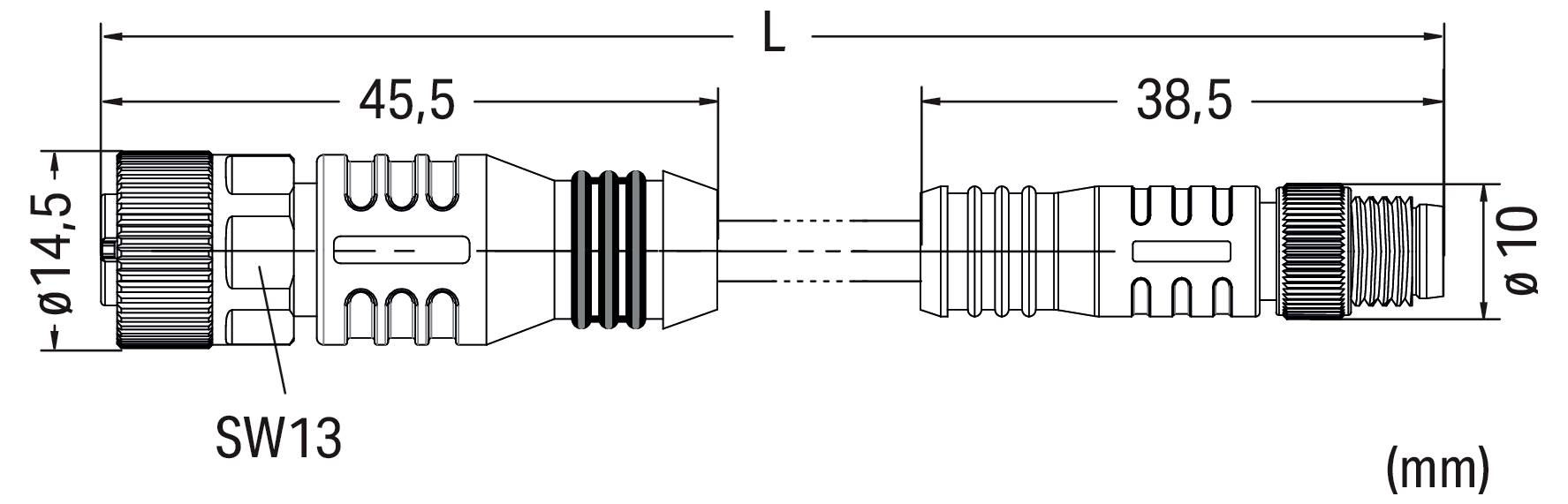 Dessin technique d'un composant cylindrique avec des mesures. La longueur est étiquetée « L », le composant est de 45,5 mm et 38,5 mm. Les diamètres sont ø14,5 mm et ø10 mm. Marqué avec « SW13 ».