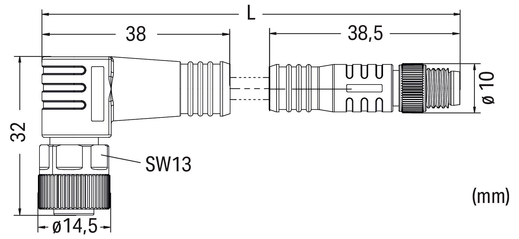 Dessin technique d'un connecteur de câble : les dimensions incluent une longueur de 76,5 mm, un diamètre de 10 mm, et d'autres mesures étiquetées en millimètres.