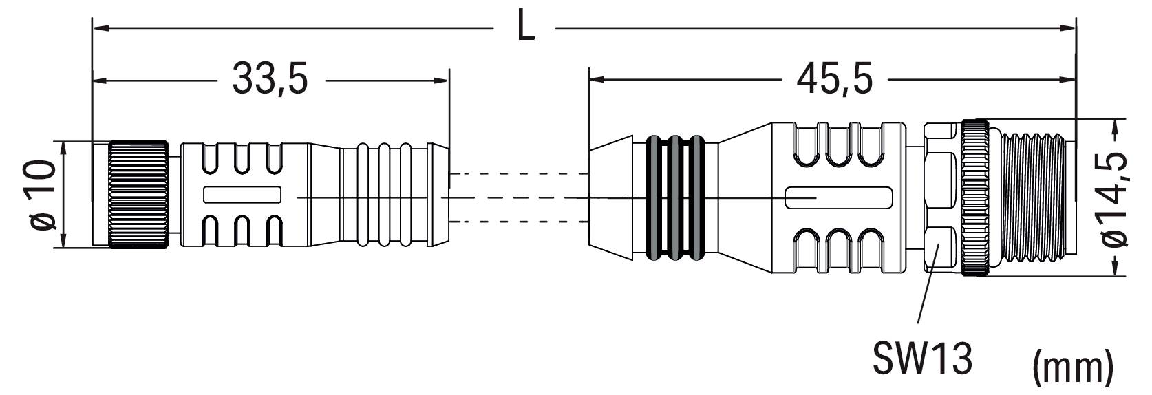 Dessin technique d'un connecteur avec dimensions : 33,5 mm, 45,5 mm, diamètre 10 mm et 14,5 mm, montrant les filetages internes et externes.