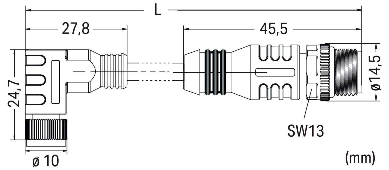 Dessin technique d'un connecteur à angle droit avec les dimensions : longueur 27,8 mm, diamètre 14,5 mm, et 10 mm à la jonction. Taille d'outil SW13.