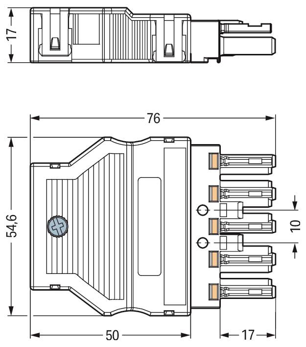 Schéma technique montrant les dimensions d'un connecteur électrique avec vues de dessus et de côté. Mesures : 54,6mm de hauteur, 76mm de longueur, 50mm de largeur.