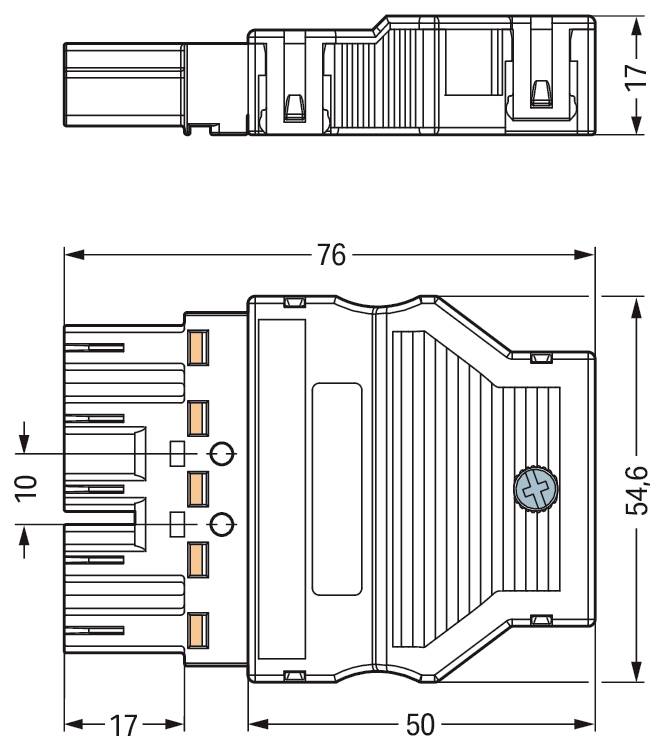 Dessin technique d'un connecteur électrique avec dimensions : longueur 76 mm, hauteur 54,6 mm, largeur 17 mm, espacement des broches 10 mm.