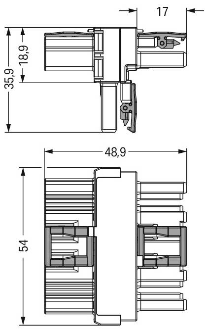 Dessin technique d'un connecteur électrique avec des vues latérale et frontale. Les dimensions sont 17x35,9 mm et 48,9x54 mm.