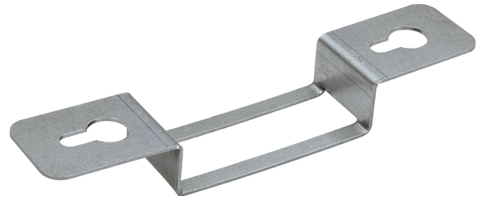 Un support métallique avec deux extrémités plates comportant des découpes en forme de trou de serrure, conçu pour le montage ou la fixation d'objets.