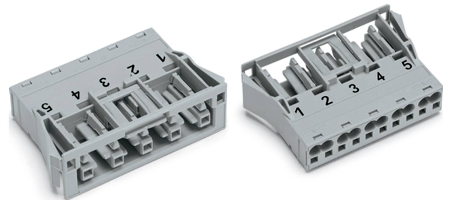 Blocs de connecteurs électriques gris avec des fentes numérotées de 1 à 5, présentant des extrémités mâles et femelles pour le câblage ou les connexions de circuits.
