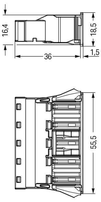 Dessin technique d'un connecteur avec dimensions : hauteur 16,4 mm, profondeur 18,5 mm, largeur 36 mm et largeur avant 55,5 mm.
