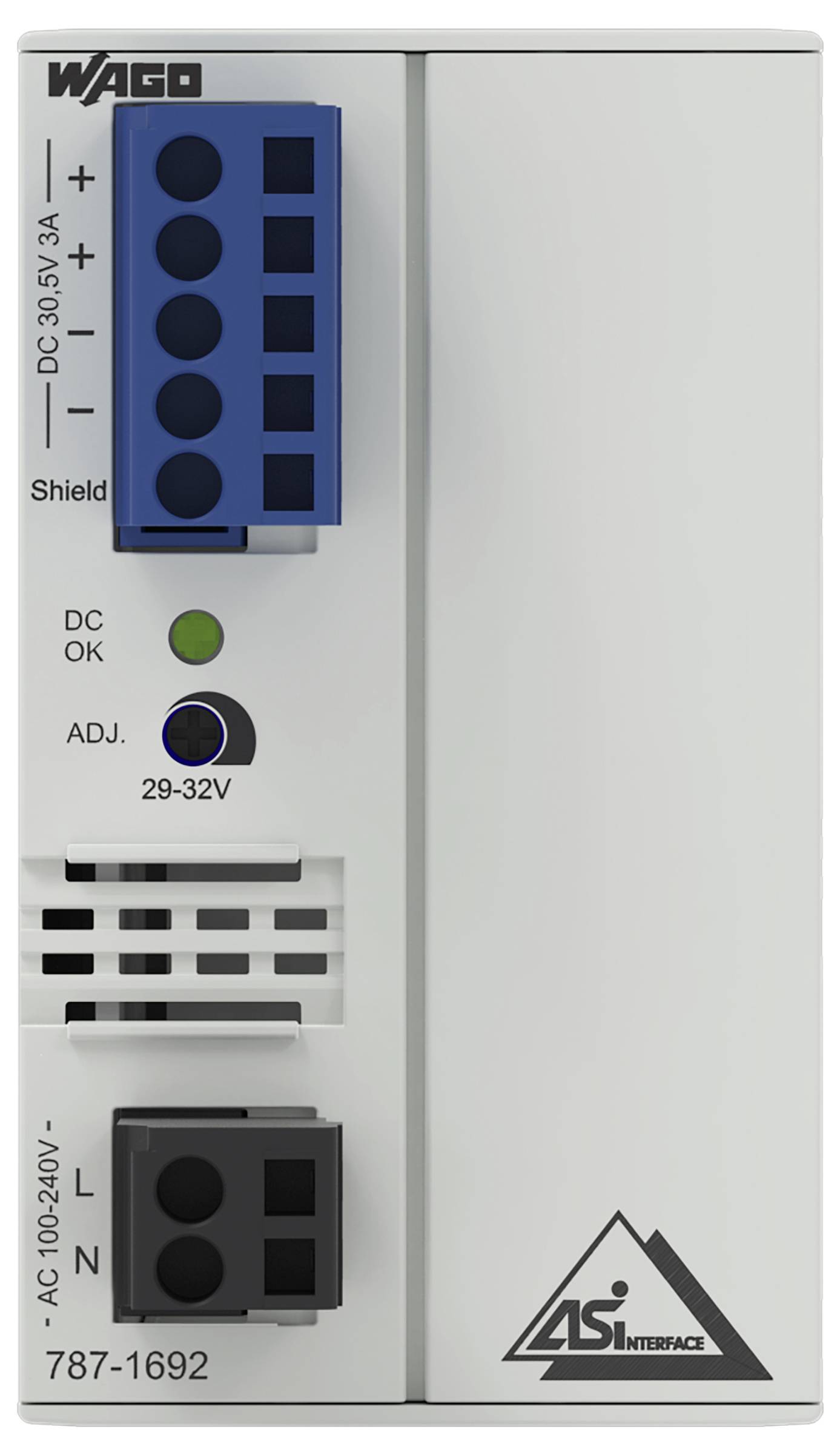 L'image montre une alimentation électrique WAGO modèle 787-1692 pour AS-Interface avec des entrées DC et AC, dotée de connecteurs bleus et noirs.