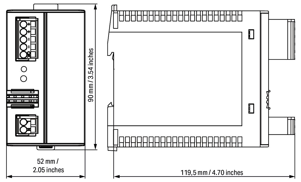 « Diagramme d'un appareil électronique rectangulaire avec les dimensions : 90 mm/3,54 pouces de hauteur, 119,5 mm/4,70 pouces de largeur, et 52 mm/2,05 pouces de profondeur. »