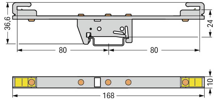 Diagramme technique d'une équerre de montage en métal avec dimensions. La vue de dessus montre une forme en L avec des trous ; la vue latérale indique la profondeur et la longueur.