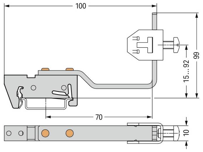 Diagramme d'un loquet mécanique avec dimensions : hauteur 100mm, réglable 15-92mm. Les caractéristiques incluent une serrure et des points de connexion.