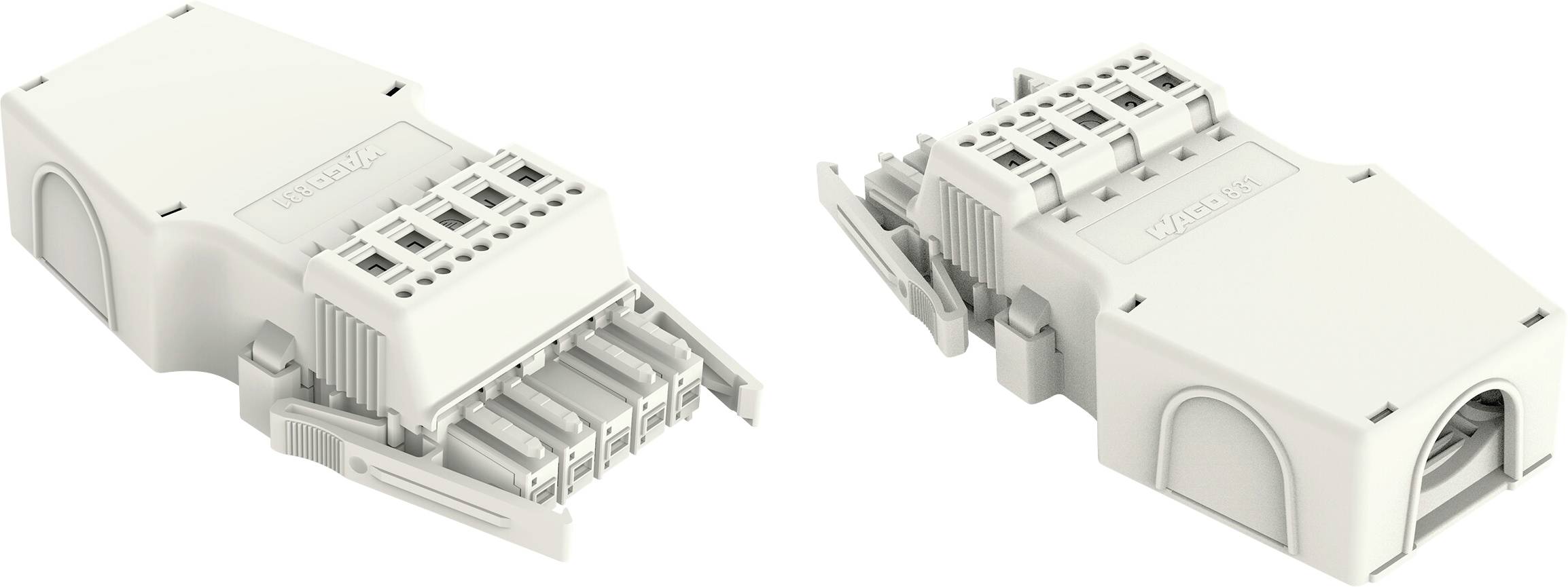 « Deux connecteurs électroniques beige avec plusieurs ports et mécanismes de verrouillage, présentés sous différents angles, mettant en évidence les détails structuraux. »