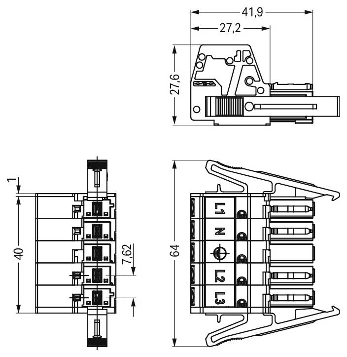 Dessin technique montrant un connecteur électrique multi-bornes sous des vues de côté et de dessus, avec des mesures en millimètres.