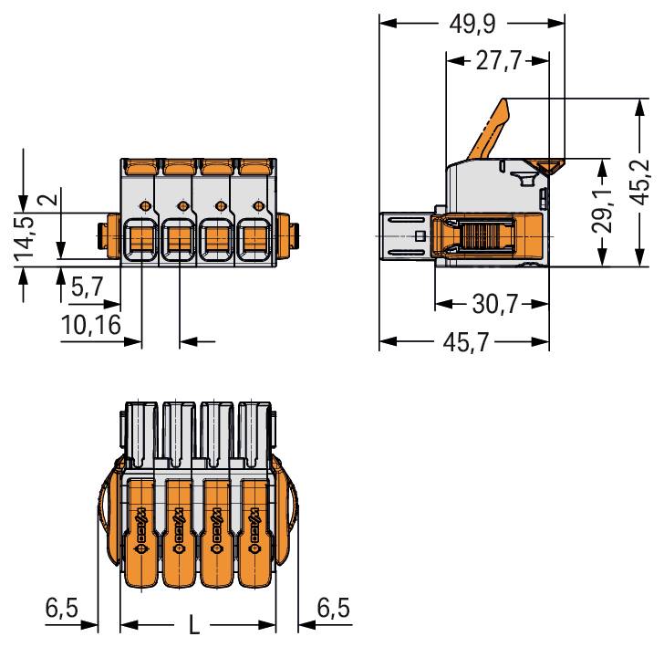 Dessin technique d'un connecteur électrique montrant les vues de face, de côté et de dessus avec les dimensions. Pièces principales et détails de mesure inclus.