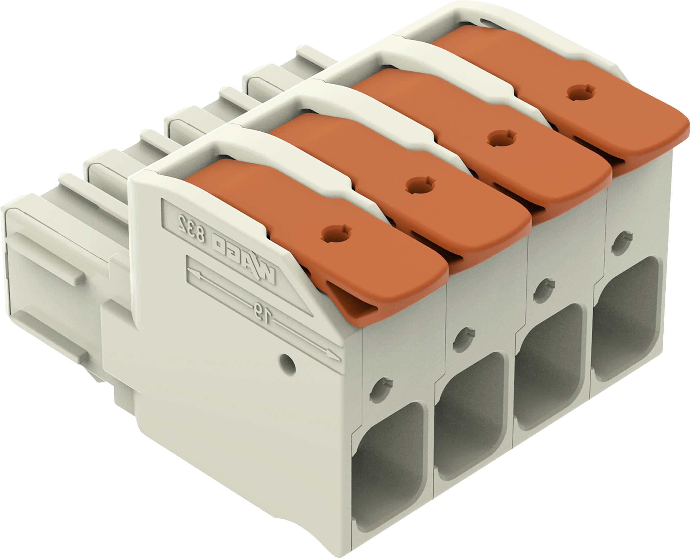 Un bloc de bornes actionné par levier à quatre positions avec des leviers orange, utilisé pour connecter les fils électriques de manière sécurisée dans un circuit.