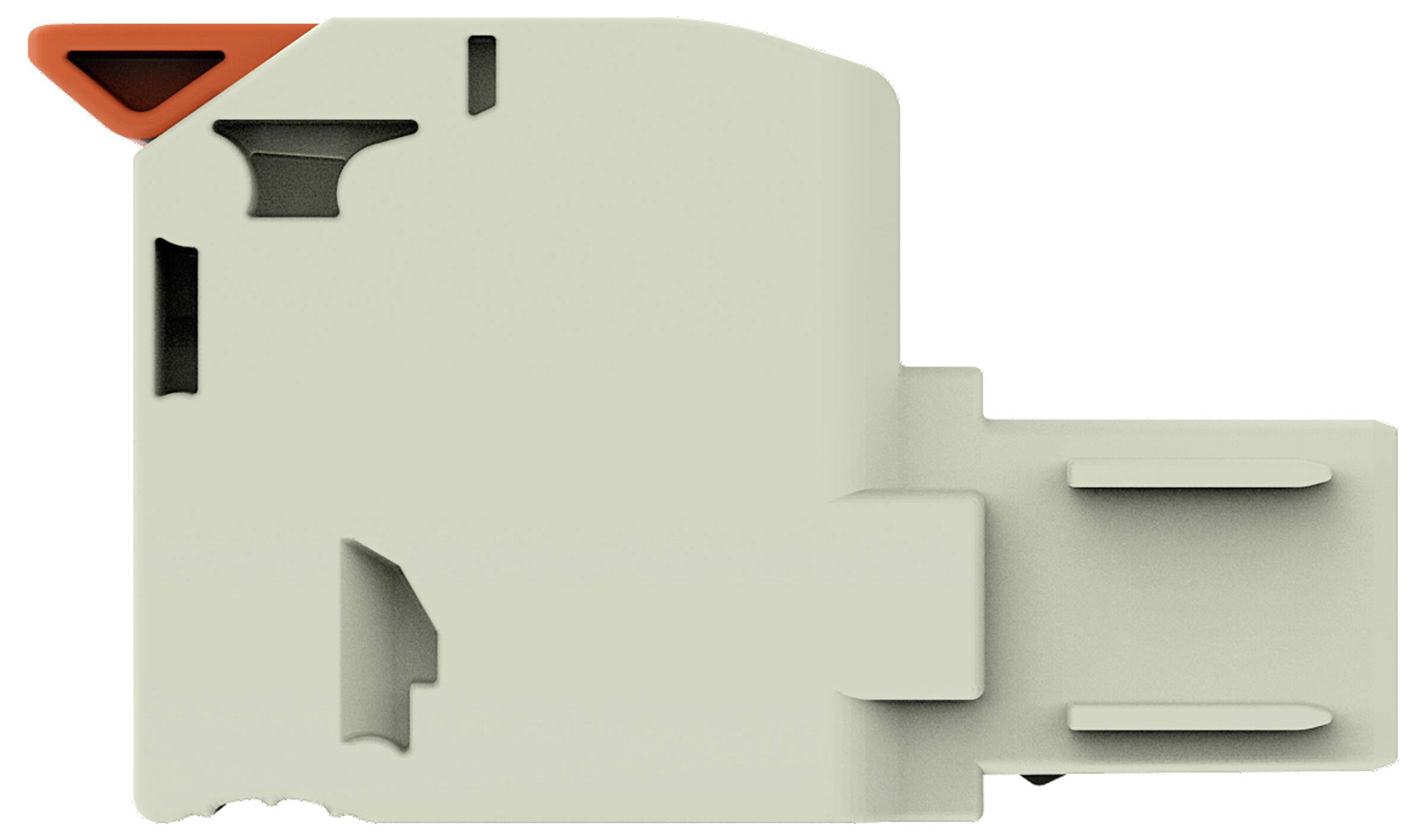 Un composant électronique en plastique gris avec un onglet orange dans le coin supérieur gauche, présentant diverses fentes et rainures sur sa surface.
