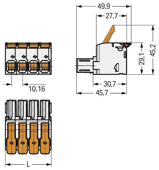 Dessin technique de connecteur électrique montrant les dimensions : largeur 49,9 mm, hauteur 45,2 mm, profondeur 45,7 mm, et espacement des broches 10,16 mm.