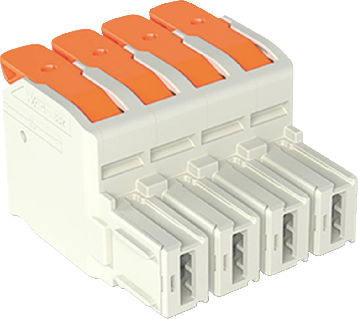 Un bloc de bornes à connecteur cinq fils avec leviers orange, utilisé pour fixer en toute sécurité les fils électriques en place.