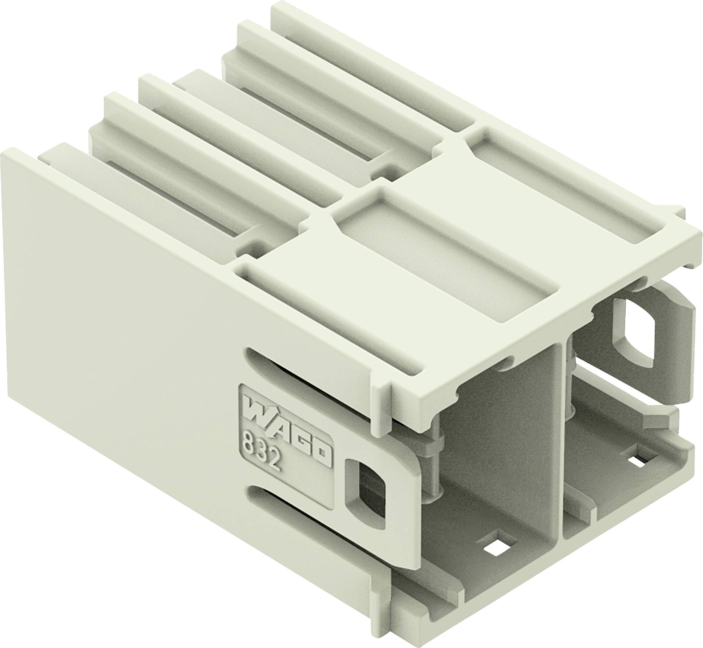 Un bloc de borne Wago modèle 832 de couleur grise, présentant une conception modulaire avec plusieurs points de connexion, utilisé pour les applications de câblage électrique.