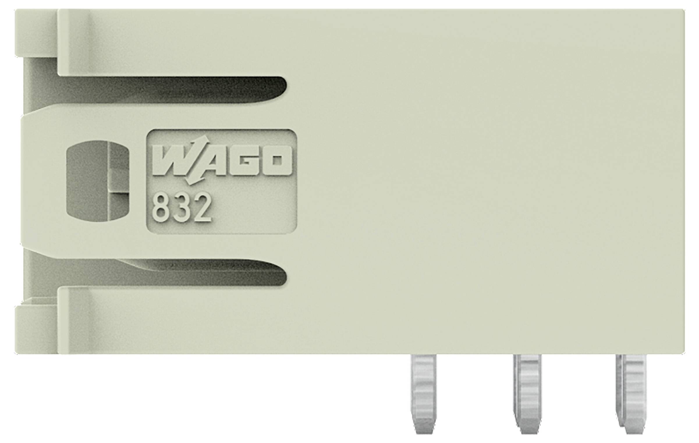 Un connecteur WAGO 832 montré de côté avec trois broches métalliques s'étendant vers l'extérieur. Le connecteur est étiqueté 'WAGO 832'.