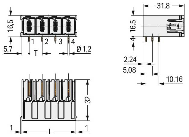 Diagramme technique d'un bloc connecteur avec dimensions : hauteur 16,5 mm, largeur 31,8 mm, et espacement des broches 5,08 mm.