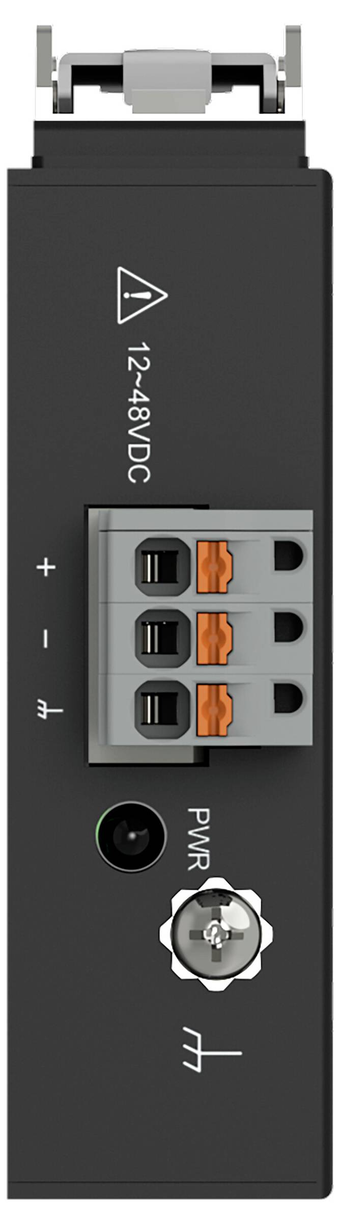 Module d'alimentation avec entrée de tension continue de 12 à 48V, équipé d'un connecteur à trois bornes et d'un voyant d'alimentation.