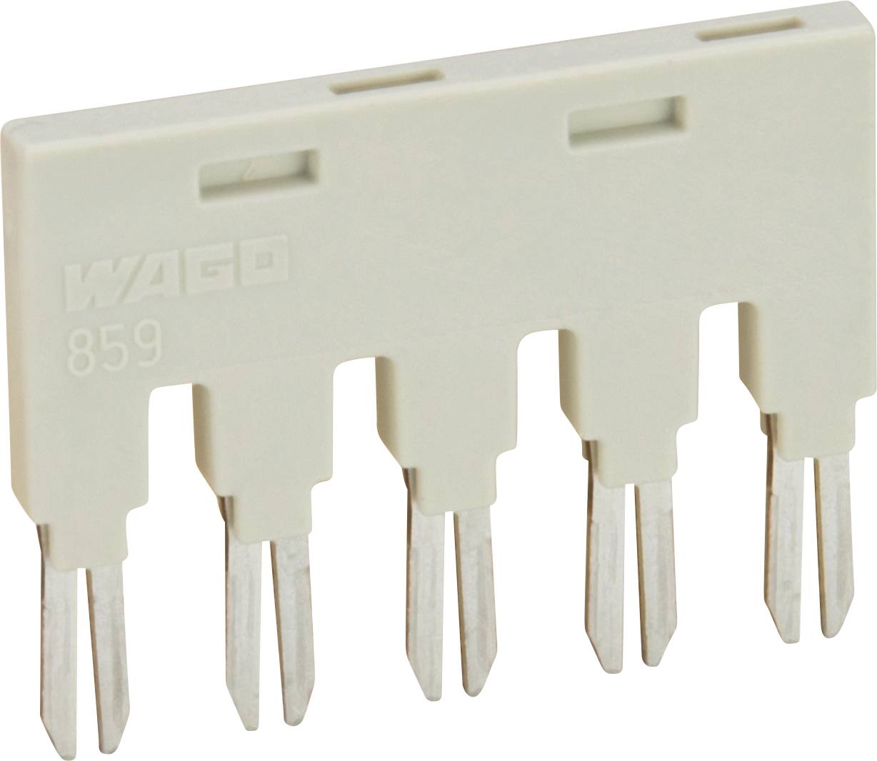 Une barrette de raccordement électrique beige avec cinq broches métalliques, utilisée pour connecter des circuits dans un bloc de bornes. Le nom de la marque y est en relief.