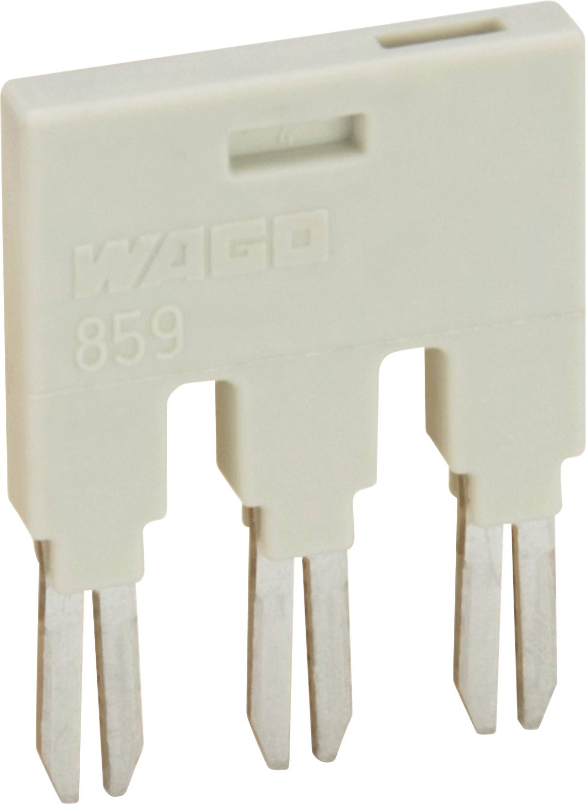 Un connecteur Wago à trois broches avec boîtier beige, étiqueté « 859 », utilisé pour les circuits électriques.