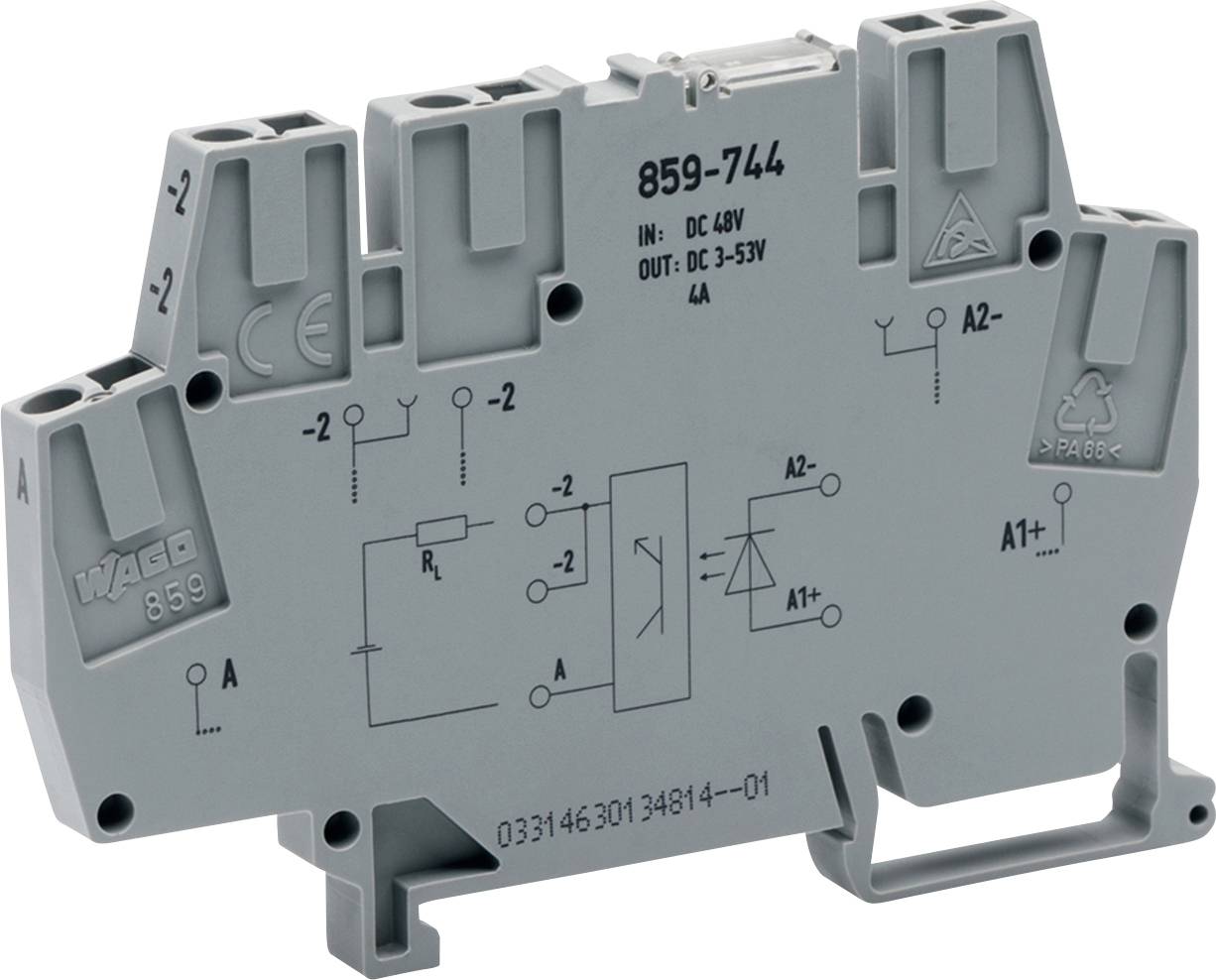 Un bloc terminal de rail DIN gris avec schéma de circuit électrique, étiqueté WAGO 859-744, avec une tension d'entrée nominale : DC 48V, tension de sortie : DC 3-35V, 4A.