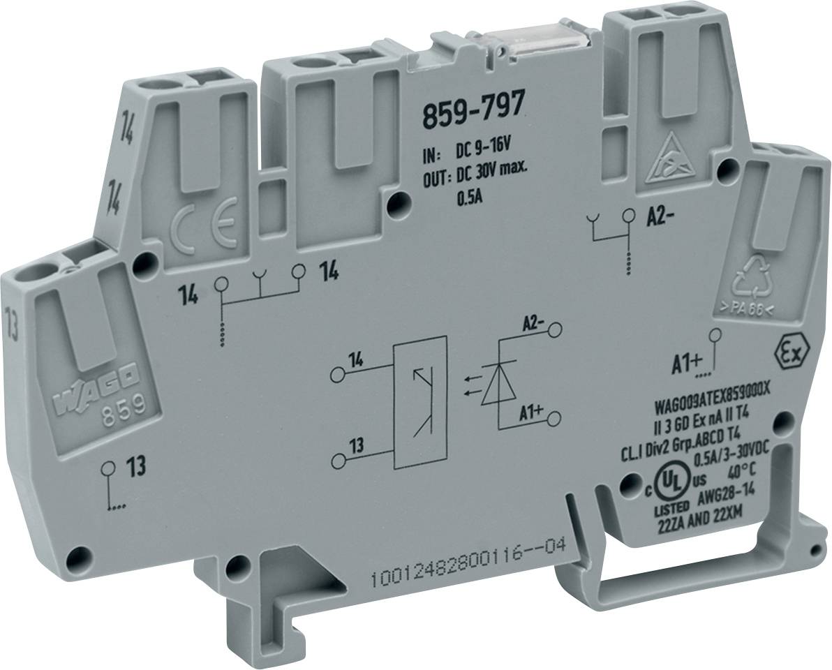 Un composant électronique étiqueté '859-797', affichant un diagramme de circuit avec des spécifications d'entrée/sortie et des certifications.