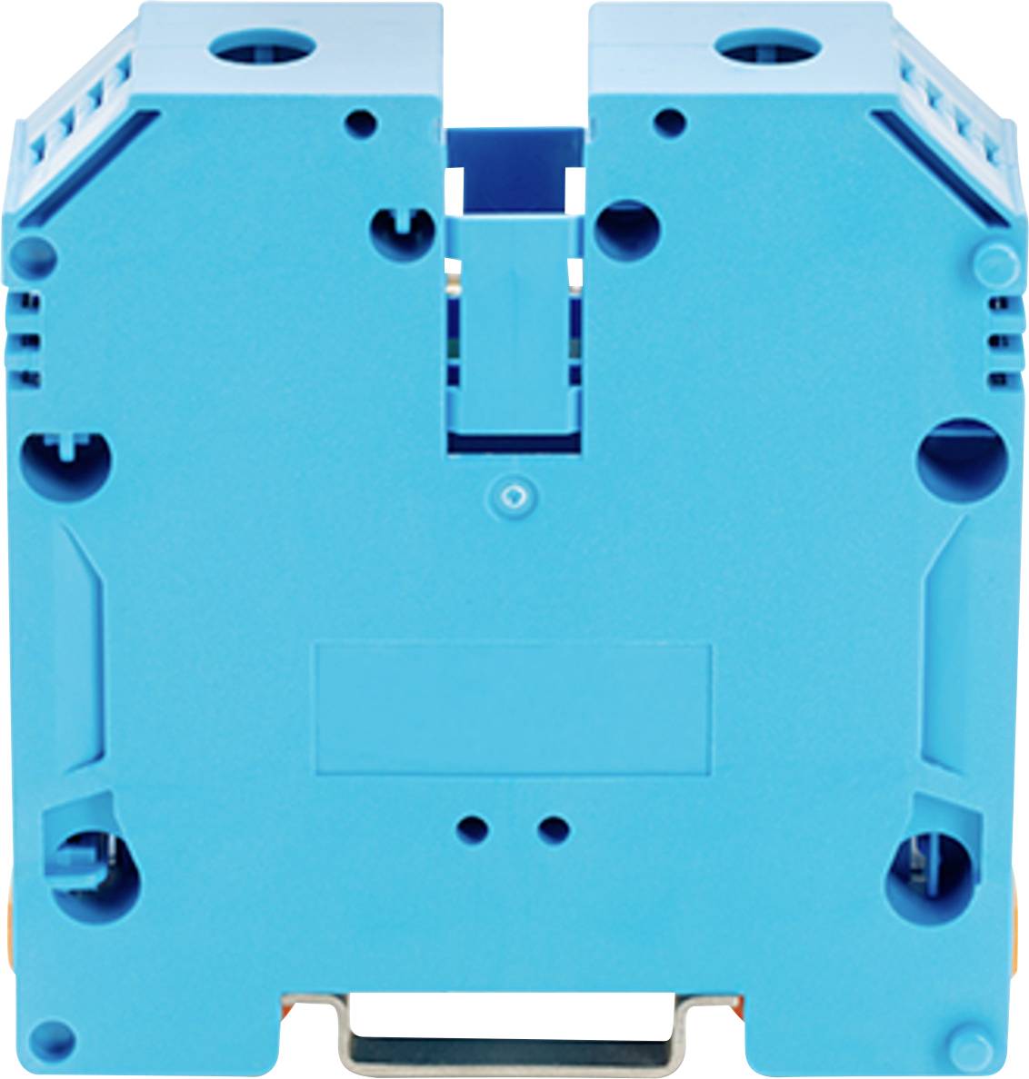 Un composant électrique bleu avec de multiples ouvertures circulaires et des fentes est conçu pour le montage, vu de l'arrière.