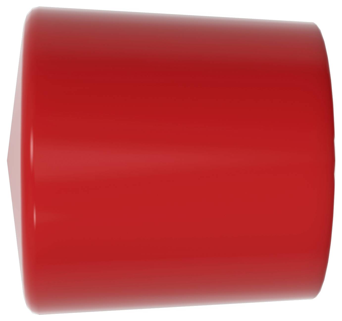 Un cylindre 3D rouge vif couché sur le côté sur un fond blanc uni.